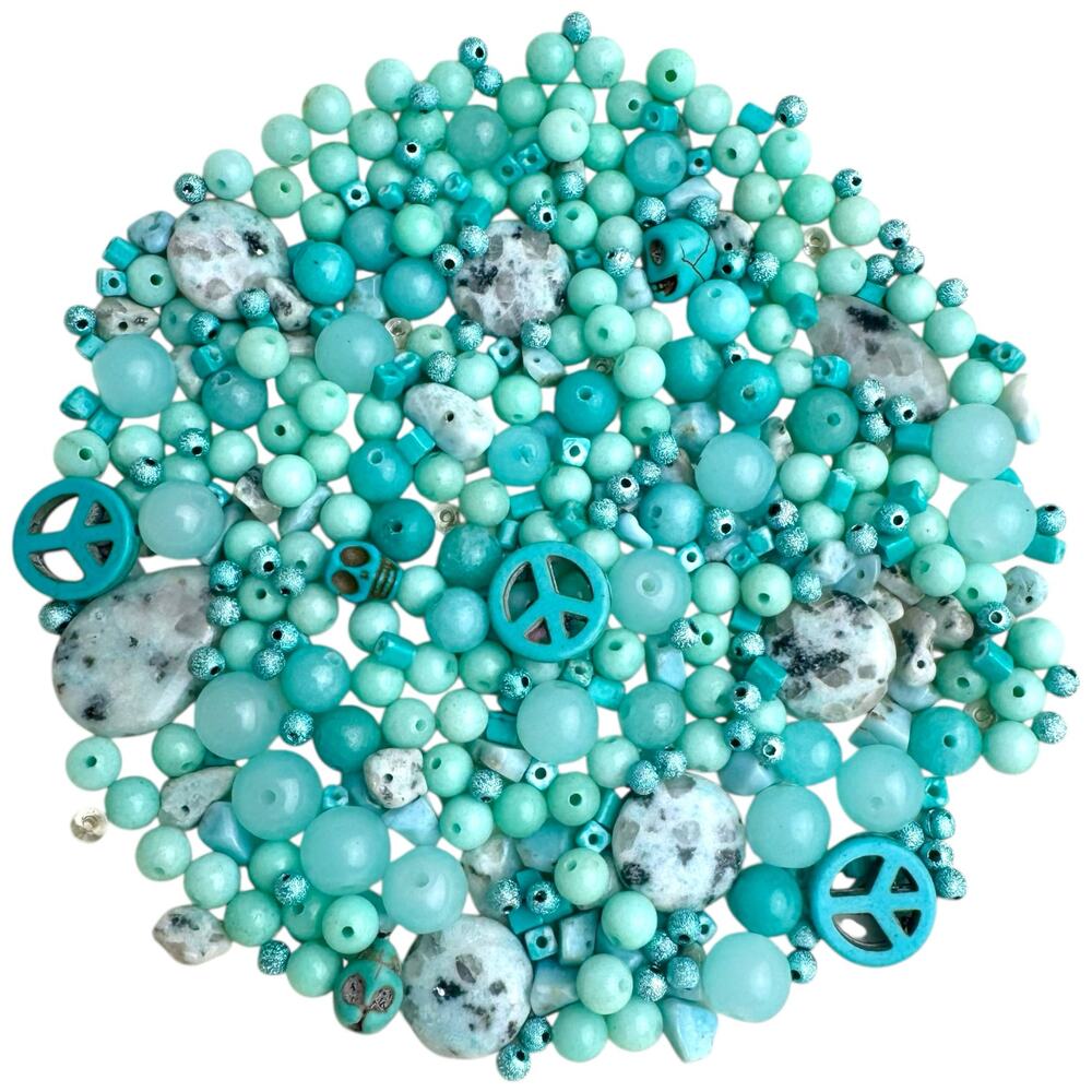 Turquoise Blue Bead Mix Lot - Peace Signs, Skulls, Stones, Glass, Acrylic Boho